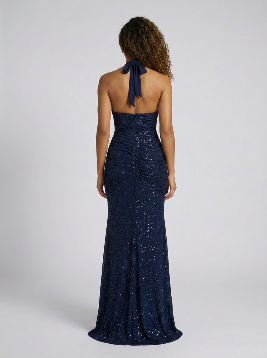 Fiona Ruched Plunge Maxi Dress - Navy Blue