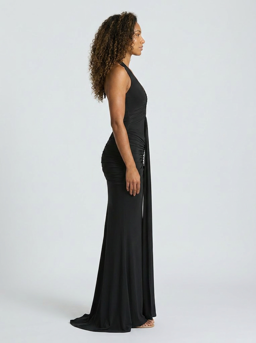 Fiona Ruched Plunge Maxi Dress - Black
