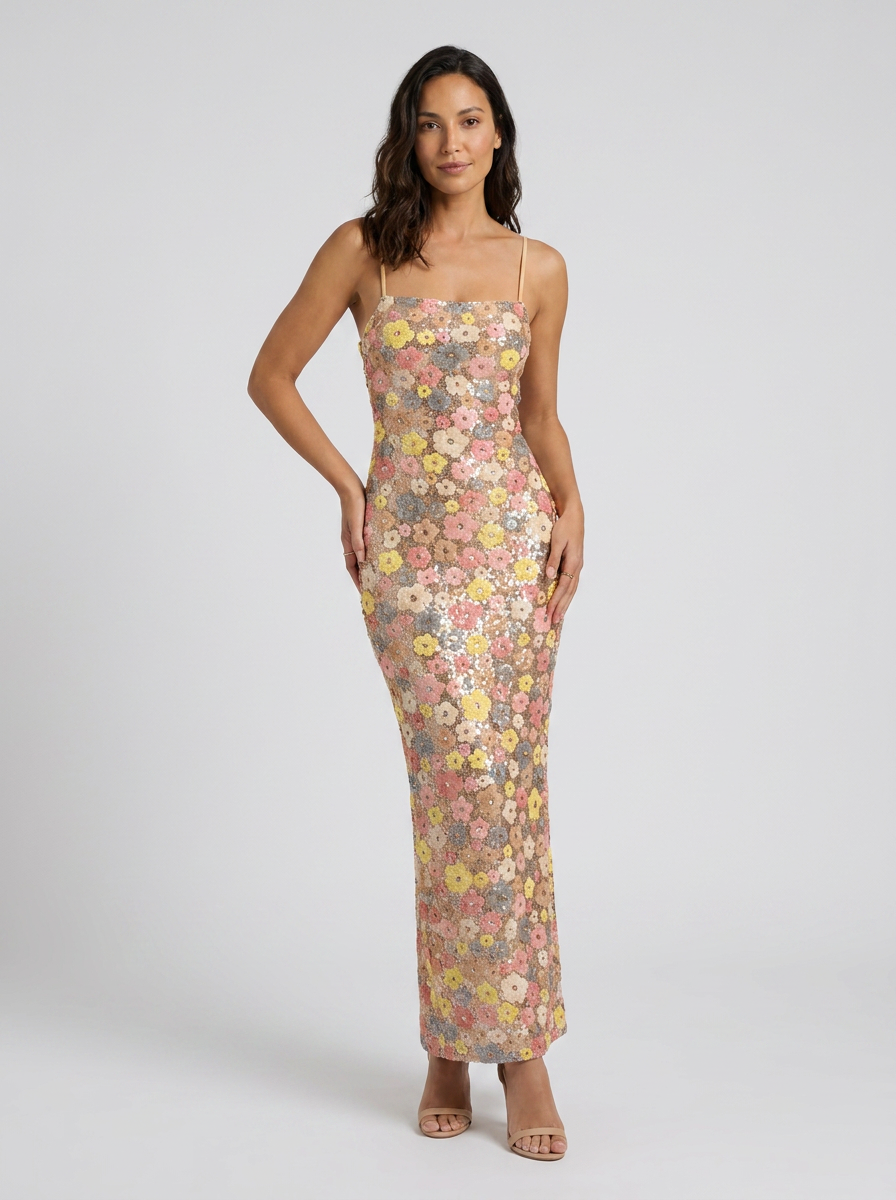 Ines Floral Embellished Maxi Dress - Pink and Yellow Floral