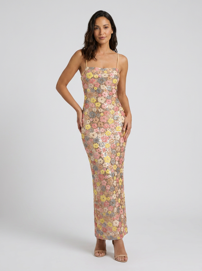 Ines Floral Embellished Maxi Dress - Pink and Yellow Floral