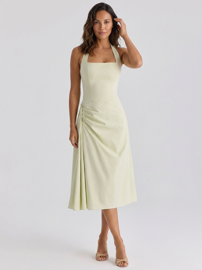 Ximena Ruched Halter Midi Dress - Lime Green