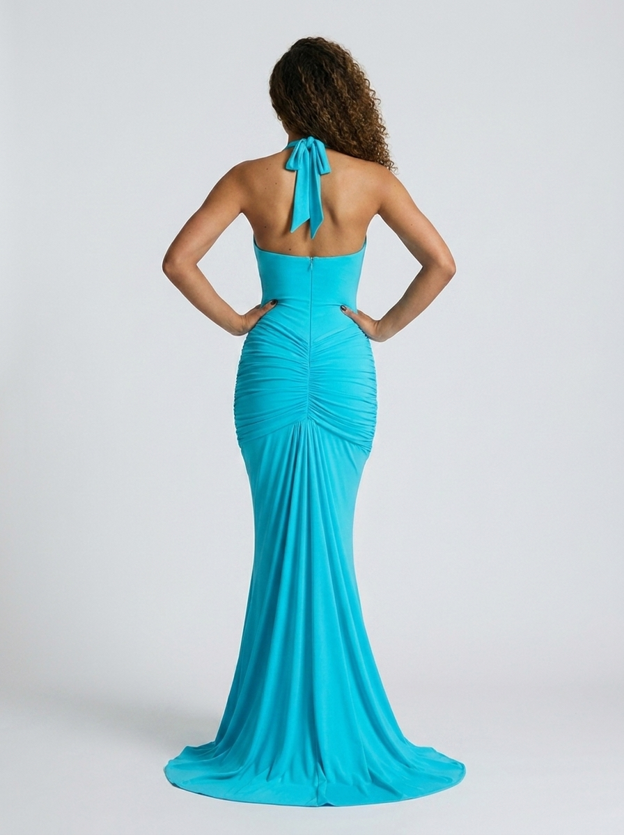 Fiona Ruched Plunge Maxi Dress - Blue