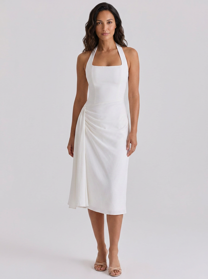 Ximena Ruched Halter Midi Dress - White