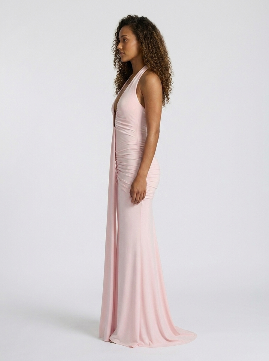Fiona Ruched Plunge Maxi Dress - Pink