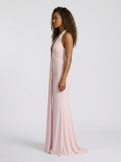Fiona Ruched Plunge Maxi Dress - Pink
