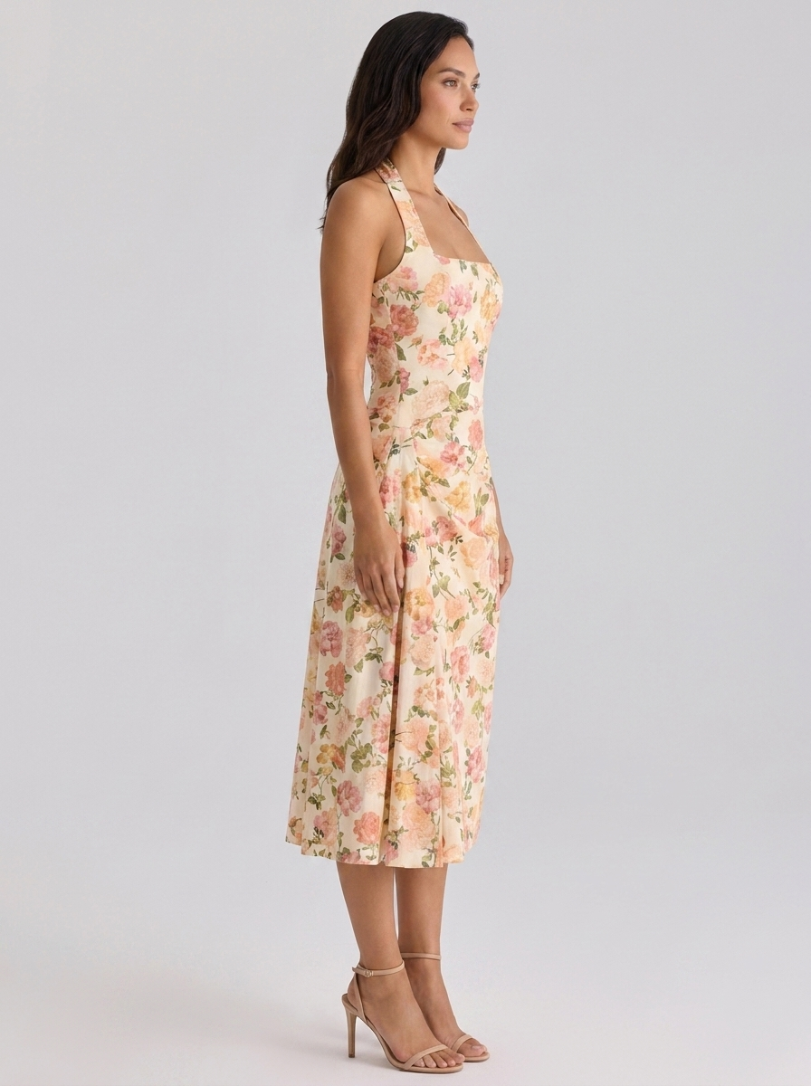 Ximena Ruched Halter Midi Dress - Sunset Floral