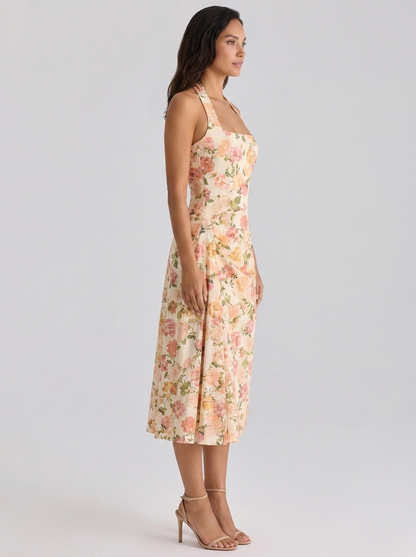 Ximena Ruched Halter Midi Dress - Sunset Floral