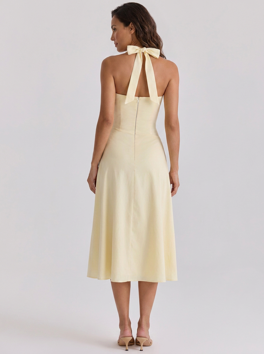 Ximena Ruched Halter Midi Dress - Lemon