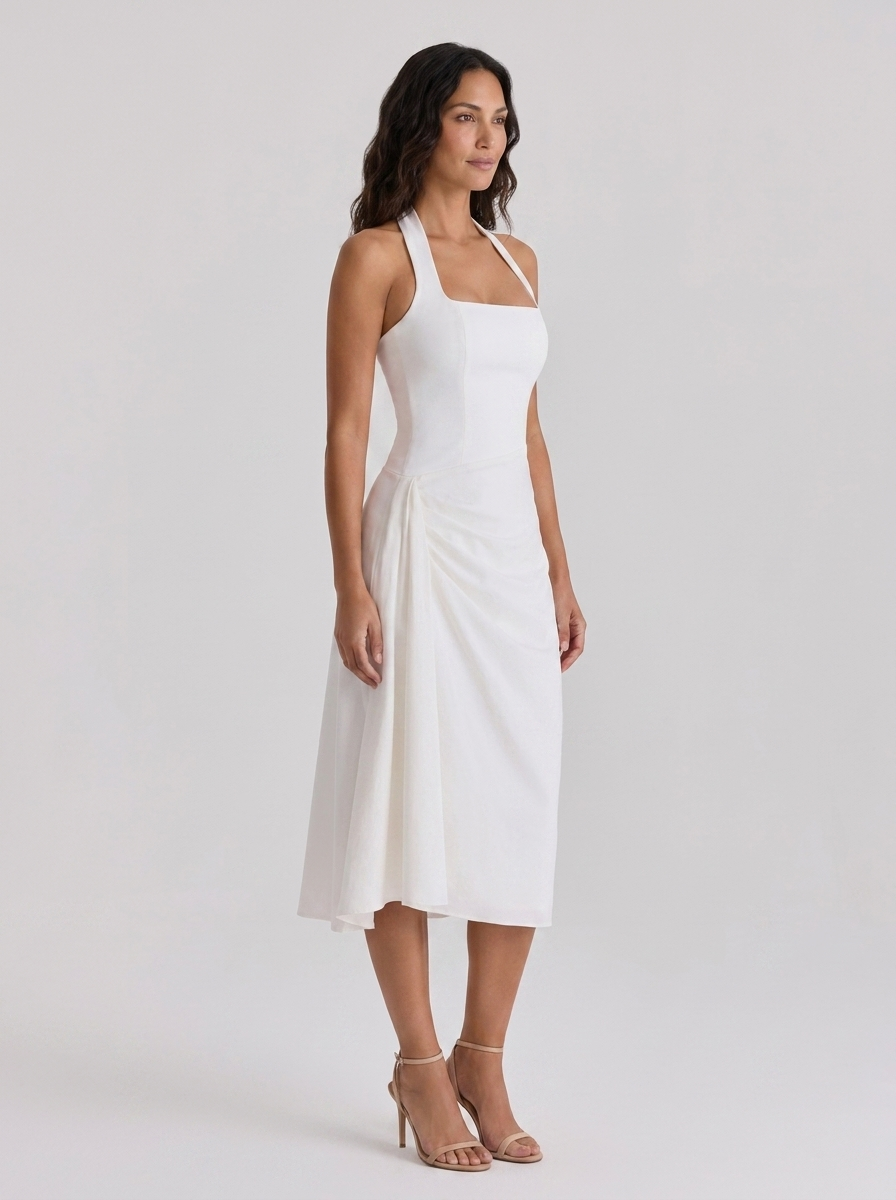 Ximena Ruched Halter Midi Dress - White