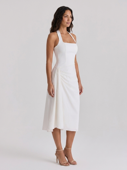 Ximena Ruched Halter Midi Dress - White