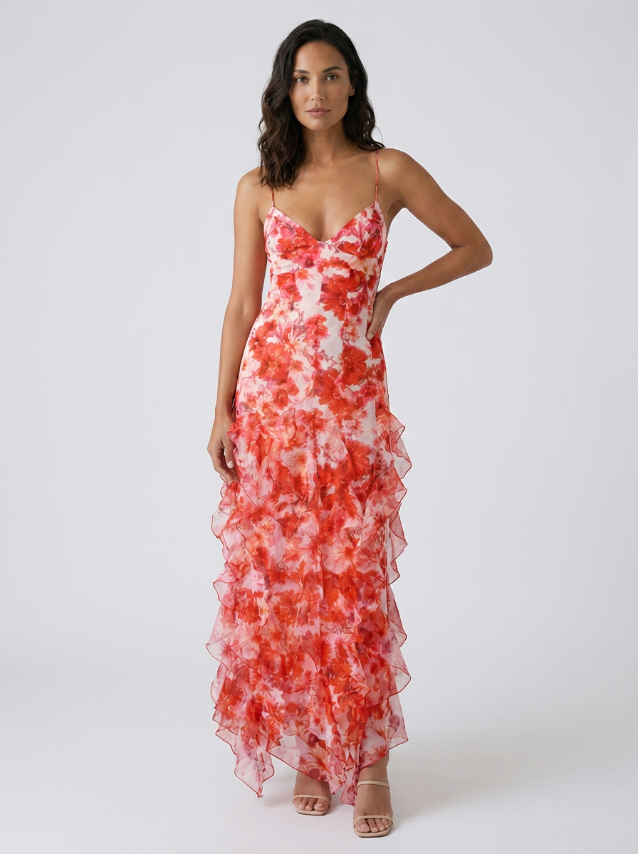 Odette Floral Ruffle Maxi Dress - Coral