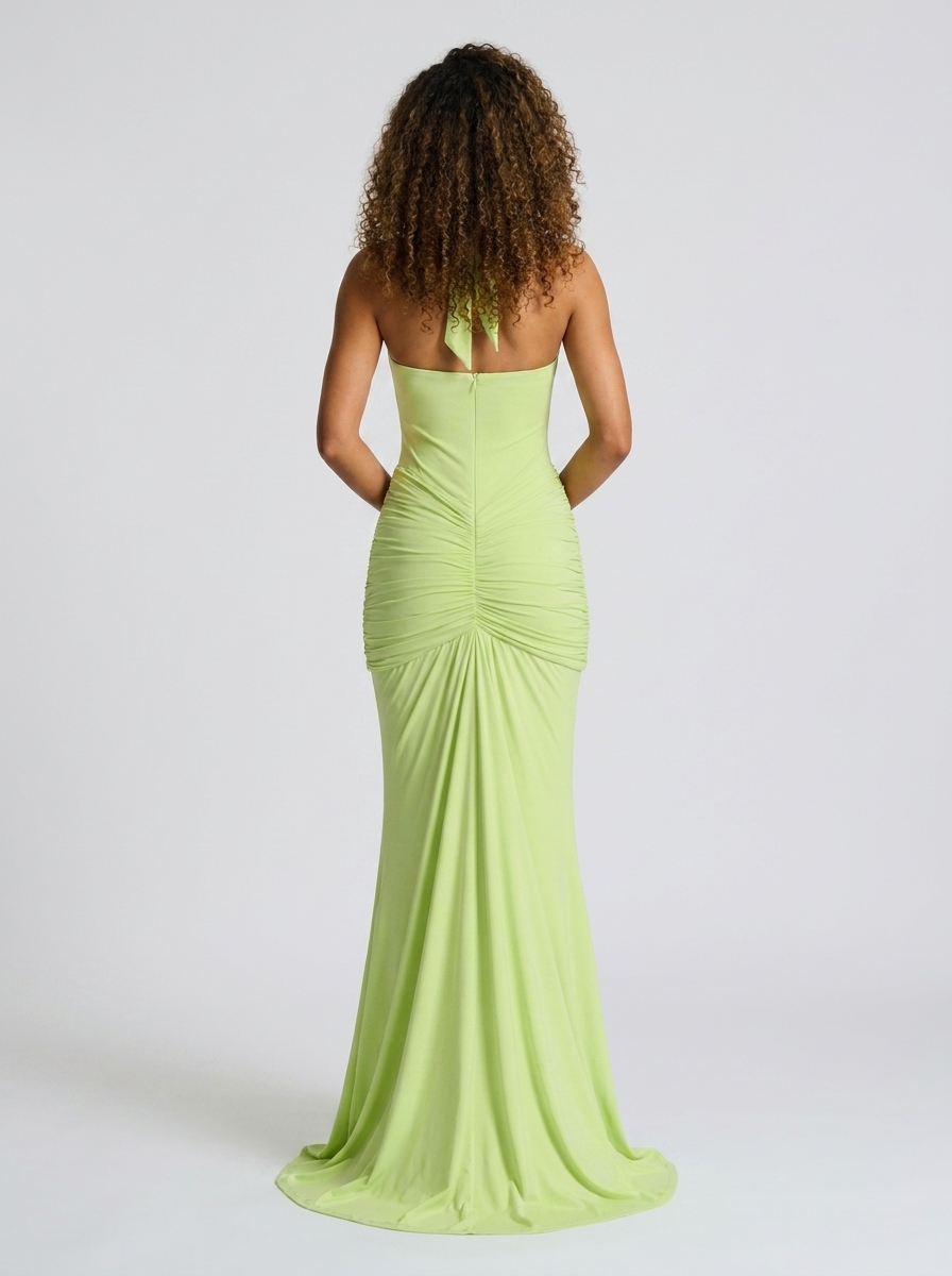 Fiona Ruched Plunge Maxi Dress - Green