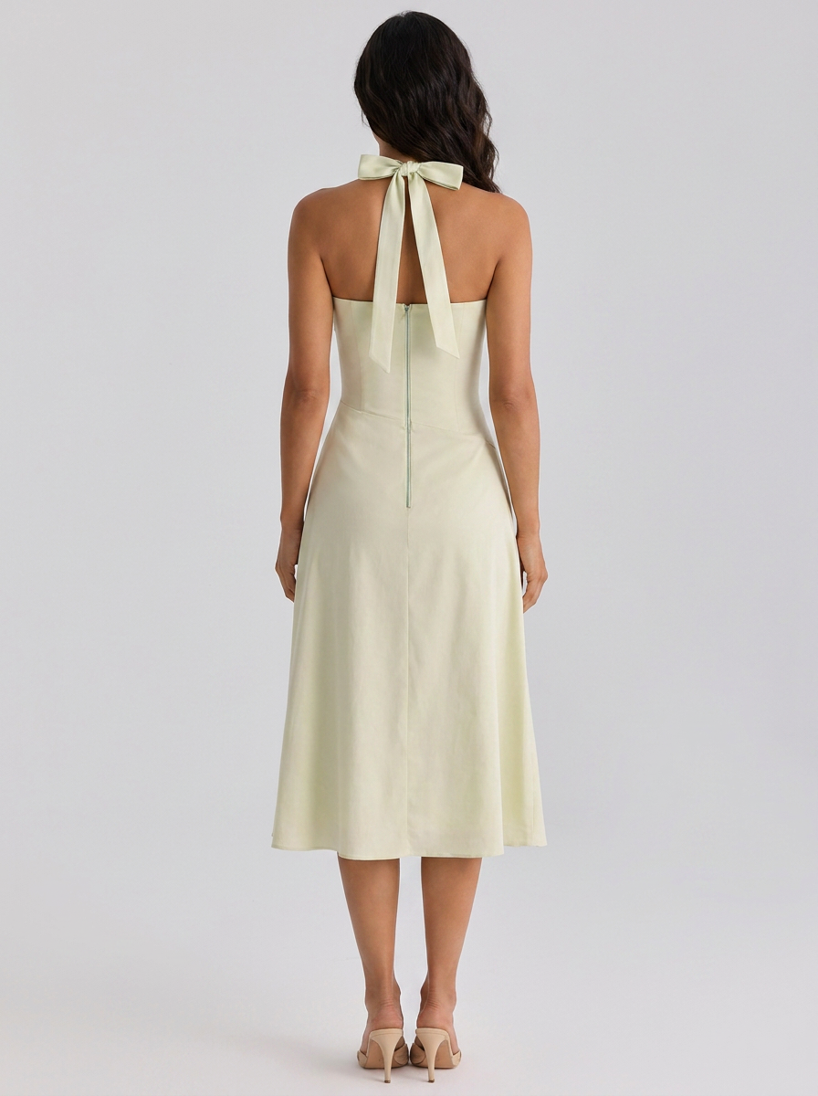 Ximena Ruched Halter Midi Dress - Lime Green