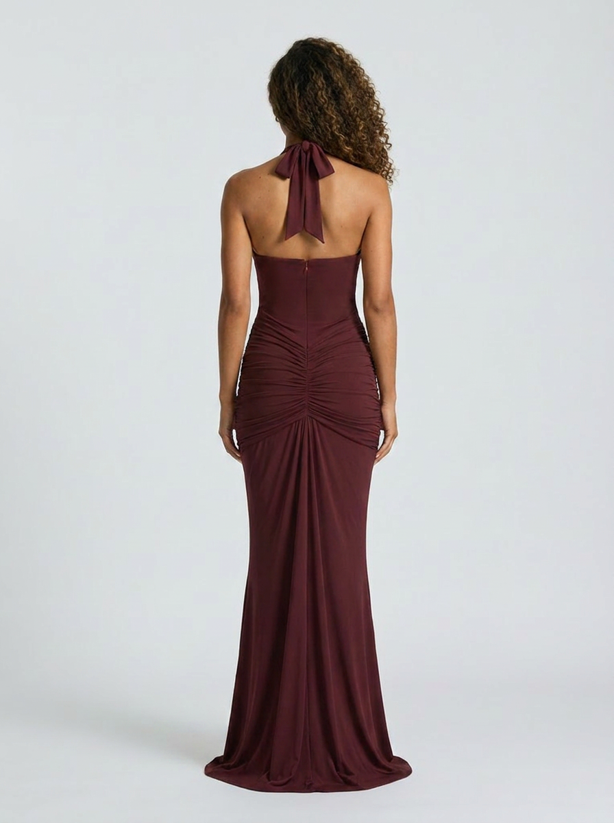 Fiona Ruched Plunge Maxi Dress - Burgundy