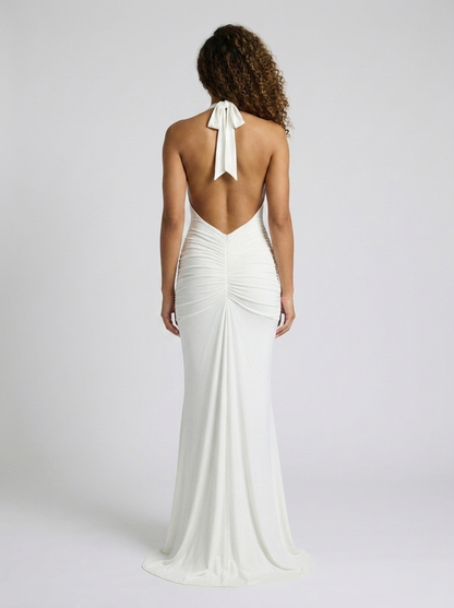 Fiona Ruched Plunge Maxi Dress - White