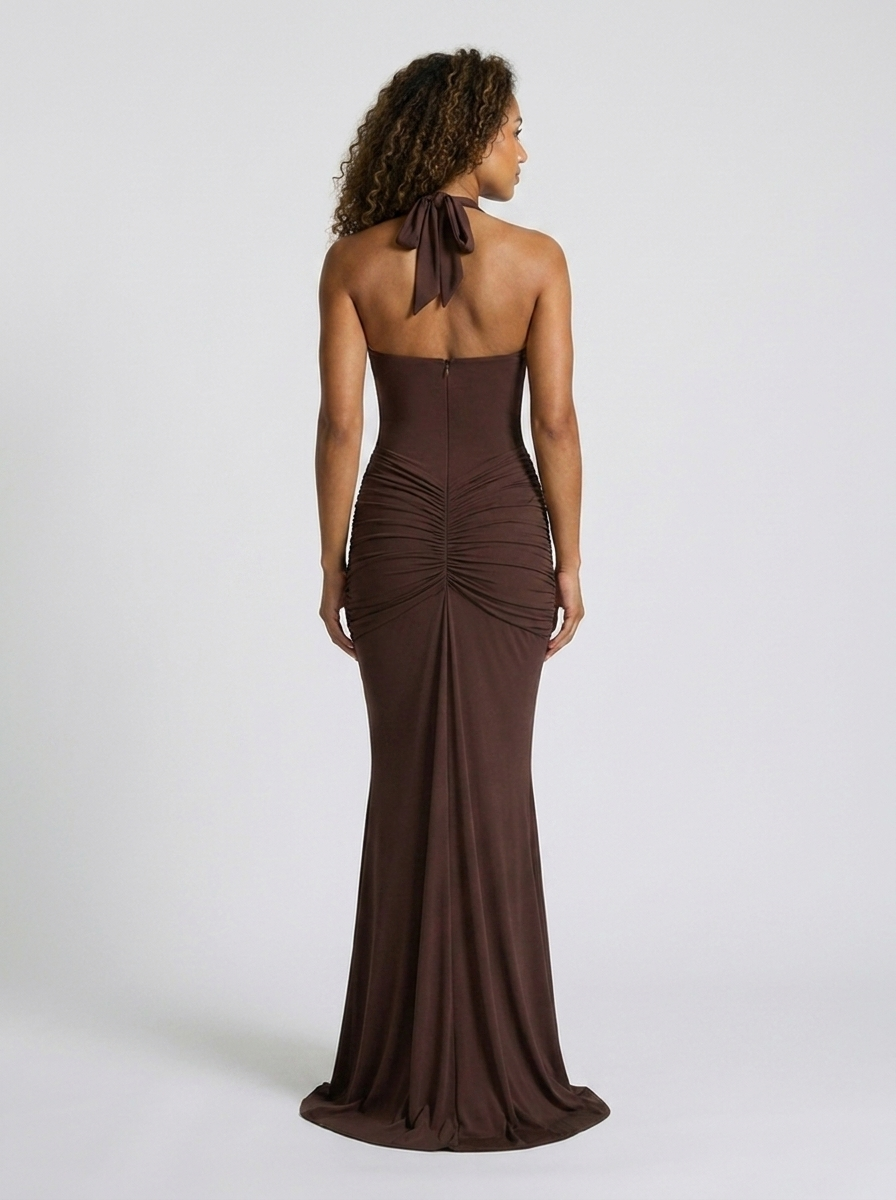 Fiona Ruched Plunge Maxi Dress - Brown