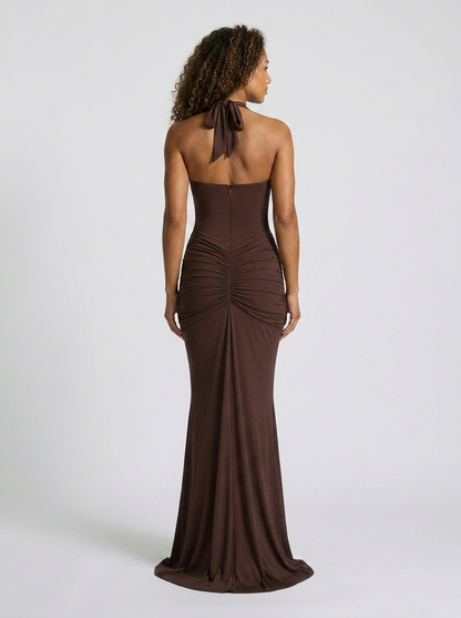 Fiona Ruched Plunge Maxi Dress - Brown