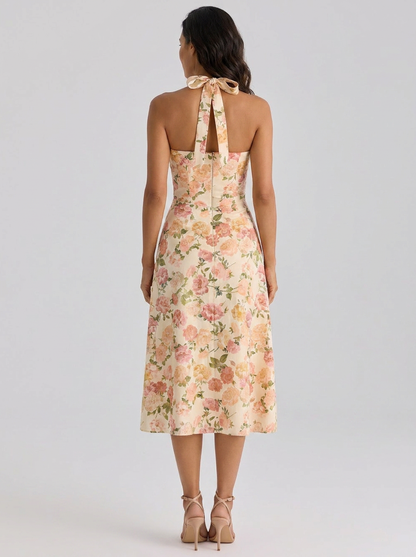 Ximena Ruched Halter Midi Dress - Sunset Floral