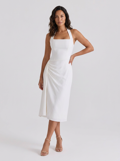 Ximena Ruched Halter Midi Dress - White