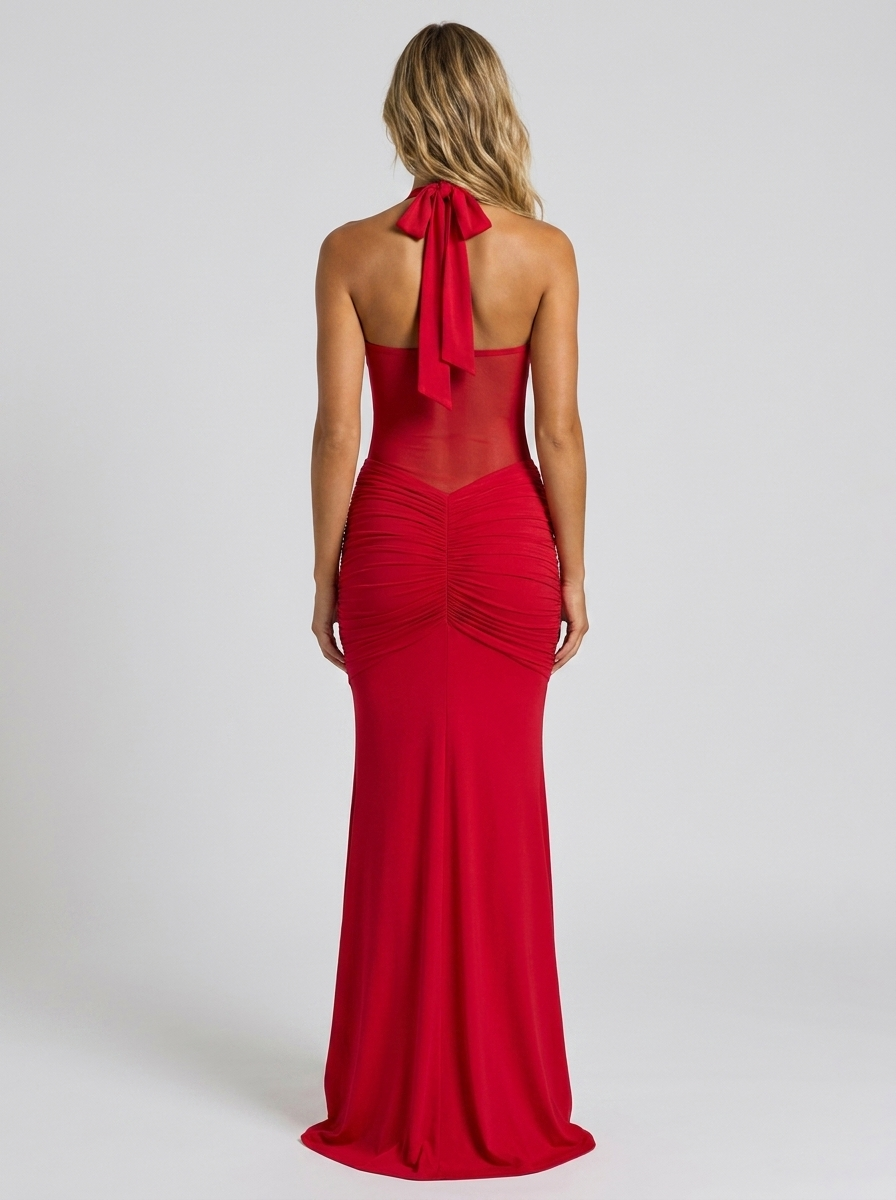 Yasmin Ruched Halter Maxi Dress - Red