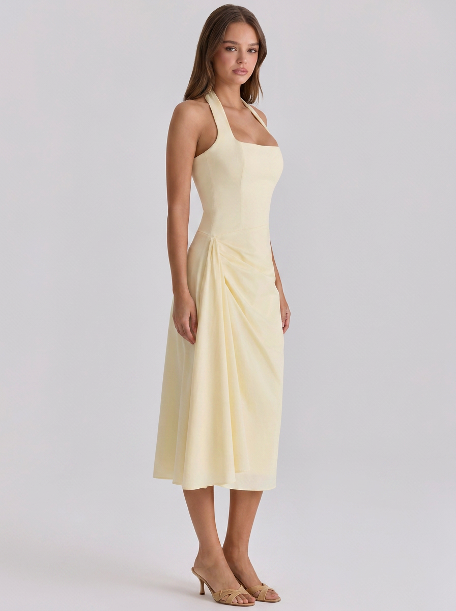 Ximena Ruched Halter Midi Dress - Lemon