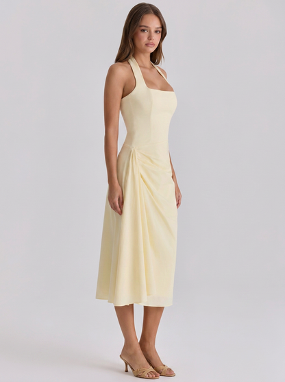 Ximena Ruched Halter Midi Dress - Lemon