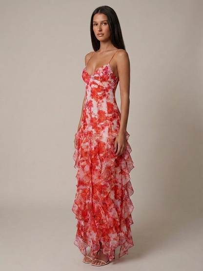 Odette Floral Ruffle Maxi Dress - Coral