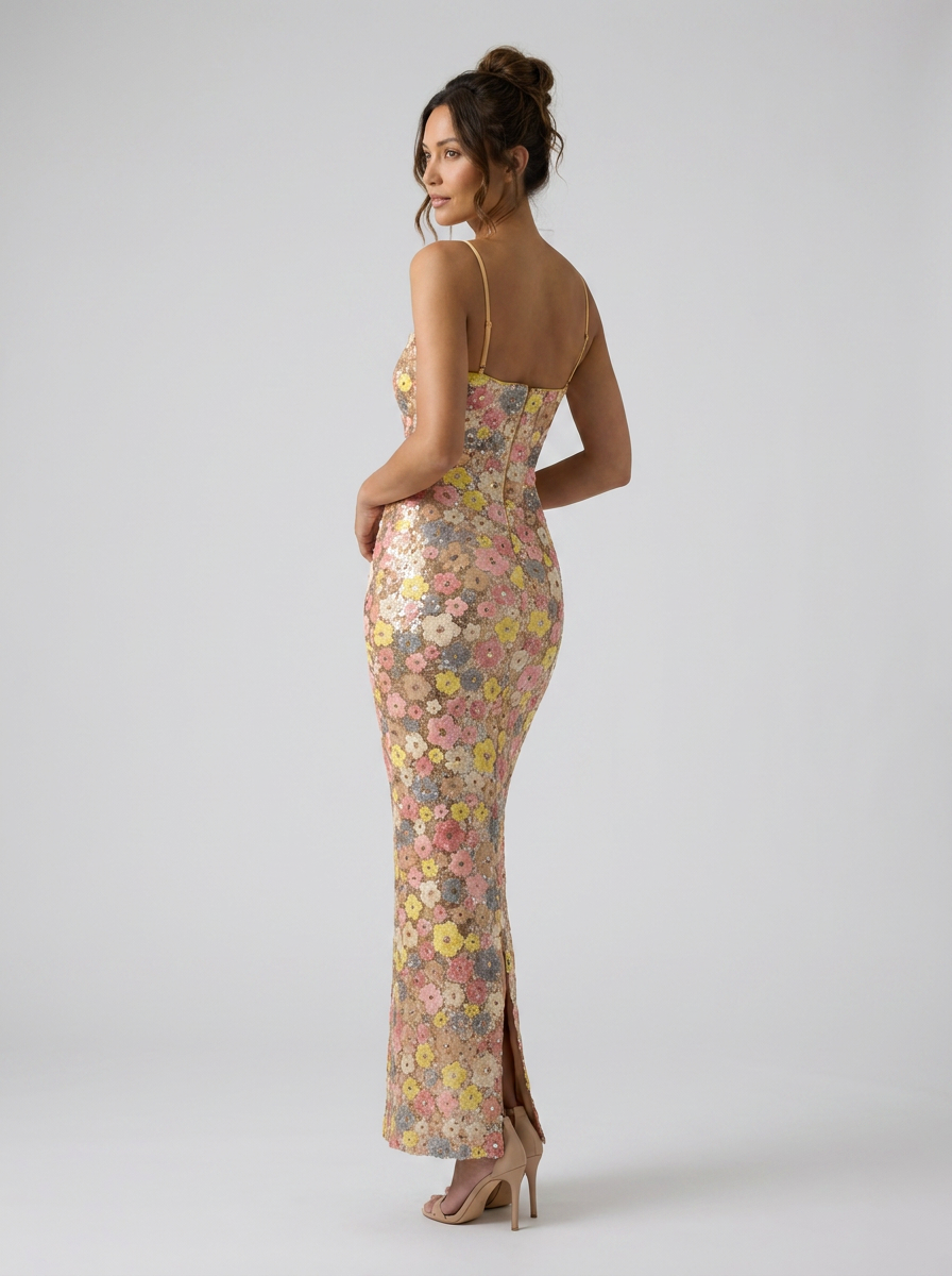 Ines Floral Embellished Maxi Dress - Pink and Yellow Floral