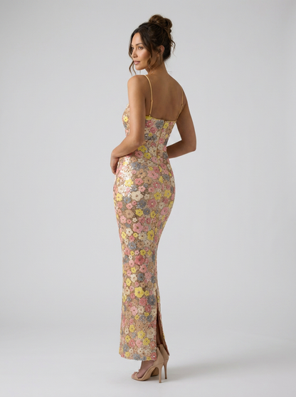 Ines Floral Embellished Maxi Dress - Pink and Yellow Floral