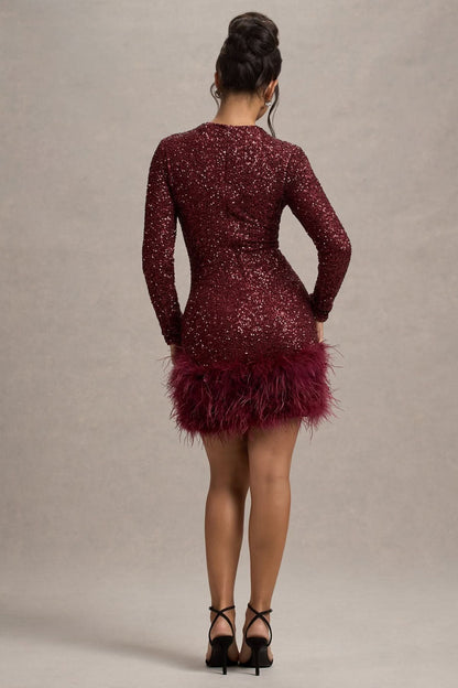 Women's Cocktail Sequin Long Sleeve Feather Hem Mini Dress - product image 7