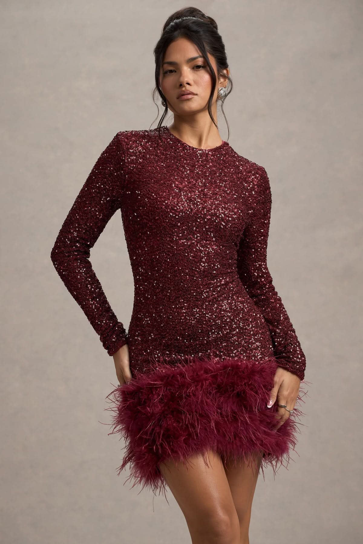 Women's Cocktail Sequin Long Sleeve Feather Hem Mini Dress - product image 6