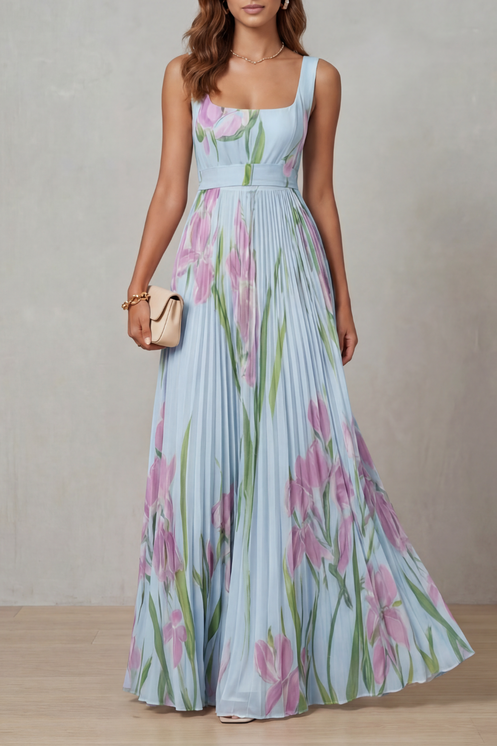 Vivien Pleated Maxi Dress - Blue Floral