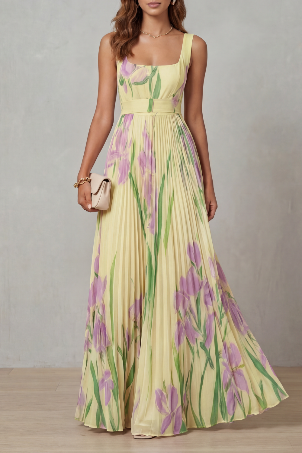 Vivien Pleated Maxi Dress - Yellow Floral