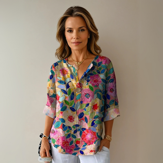 Women's Floral V Neck 3/4 Sleeve Blouse Top