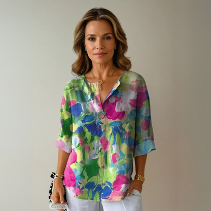 Women's Floral V Neck 3/4 Sleeve Blouse Top