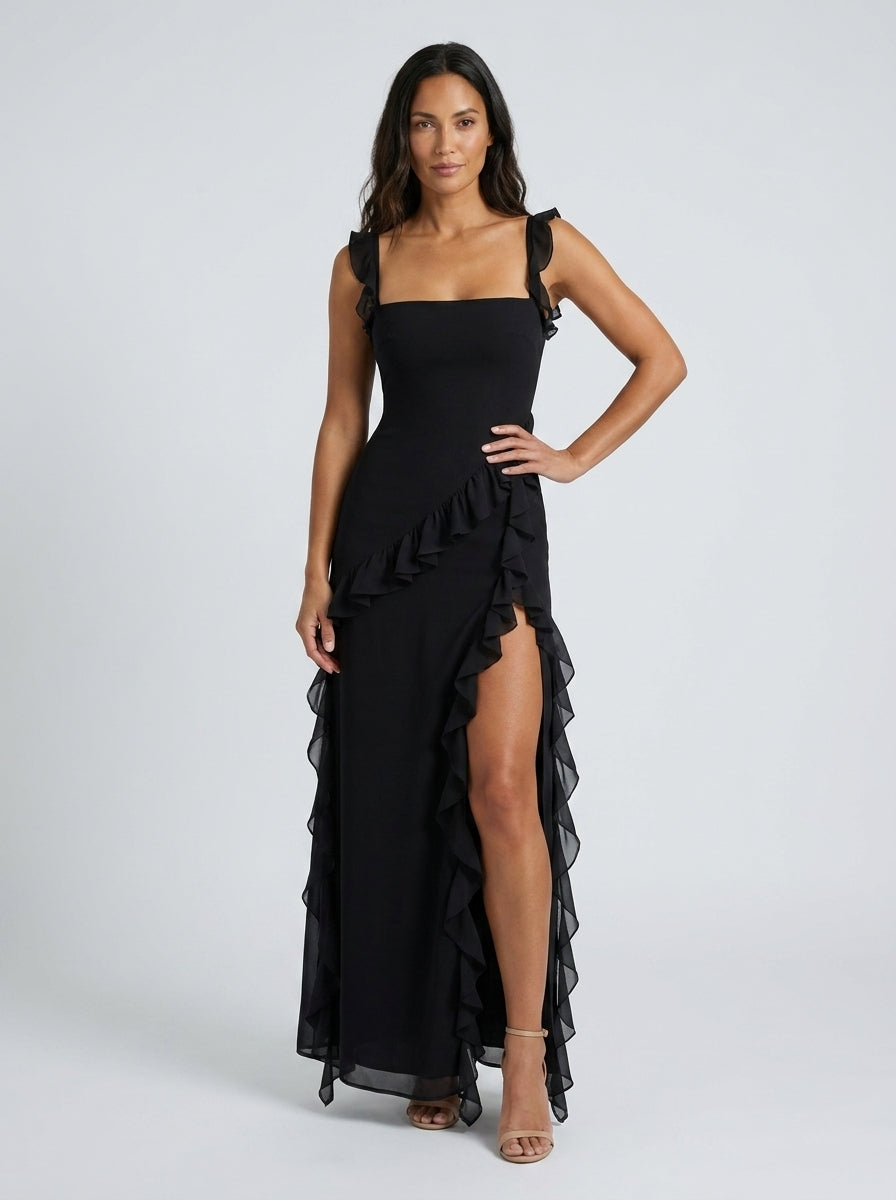 Yolande Ruffle Maxi Dress - Black
