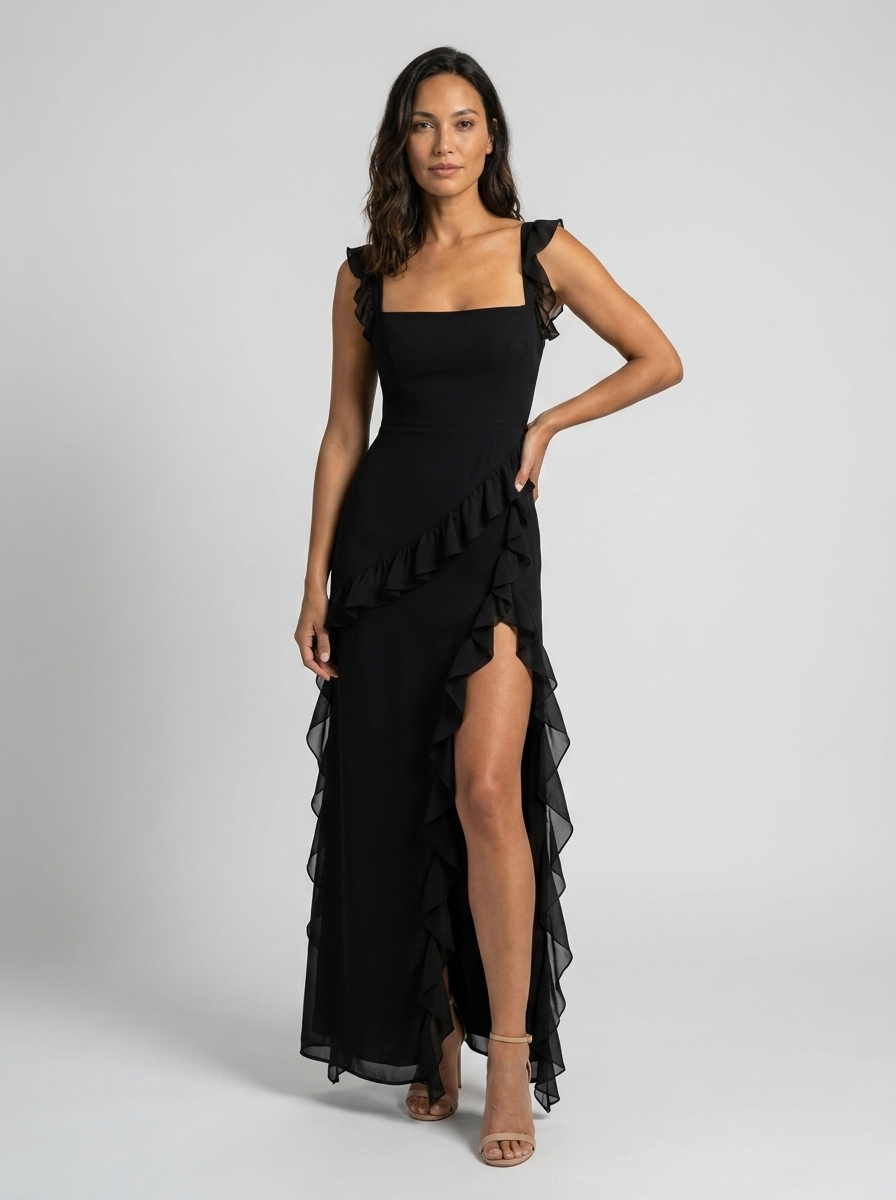 Yolande Ruffle Maxi Dress - Black