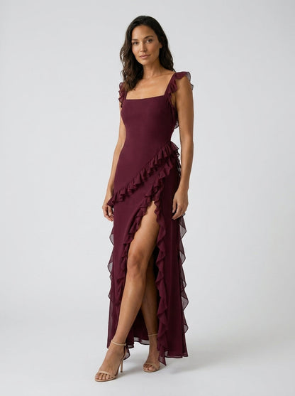 Yolande Ruffle Maxi Dress - Burgundy