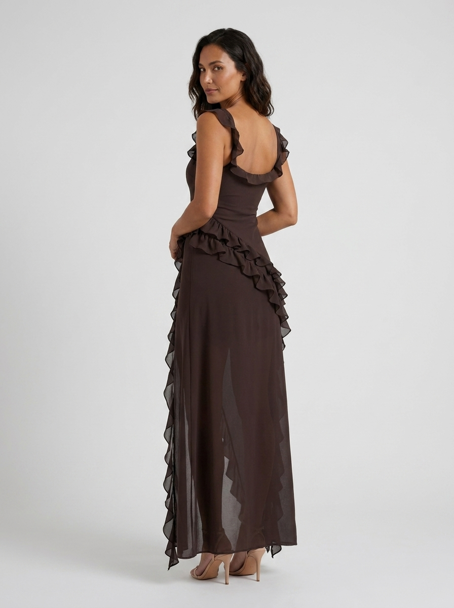 Yolande Ruffle Maxi Dress - Chocolate Brown