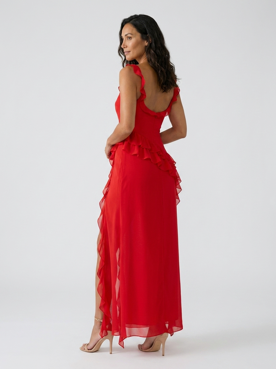 Yolande Ruffle Maxi Dress - Red