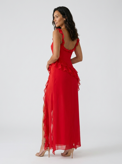 Yolande Ruffle Maxi Dress - Red