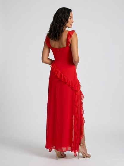 Yolande Ruffle Maxi Dress - Red
